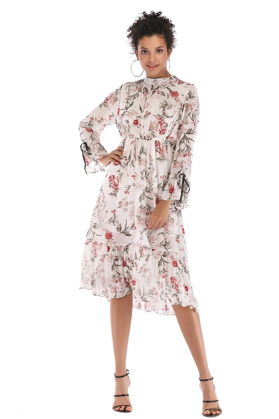 Gladiolus Floral Print Spring Autumn Women Dress 2019 O-Neck Lace Up Flare Sleeve Tunic Chiffon Dress Women Midi Party Dresses (22)
