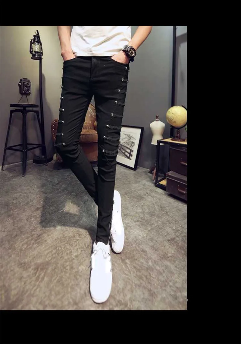 Idopy модные облегающие брюки в стиле панк черные Лоскутные эластичные молнии танцевальный ночной клуб Готическая Кнопка джинсы брюки для мужчин