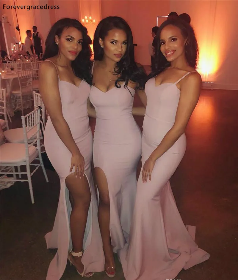 Elegant Pink Mermaid Bridesmaids Dresses Split Side Spaghetti Straps Long Wedding Guest Evening Prom Gowns Cheap Boho BM0611  79_1