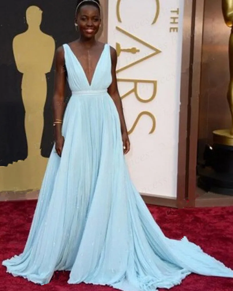 

Free Shipping A Line Deep V Neck V Back Lupita Nyong'o Oscars Light Blue Red Carpet dress 2016 Celebrity Dress Gowns For Prom