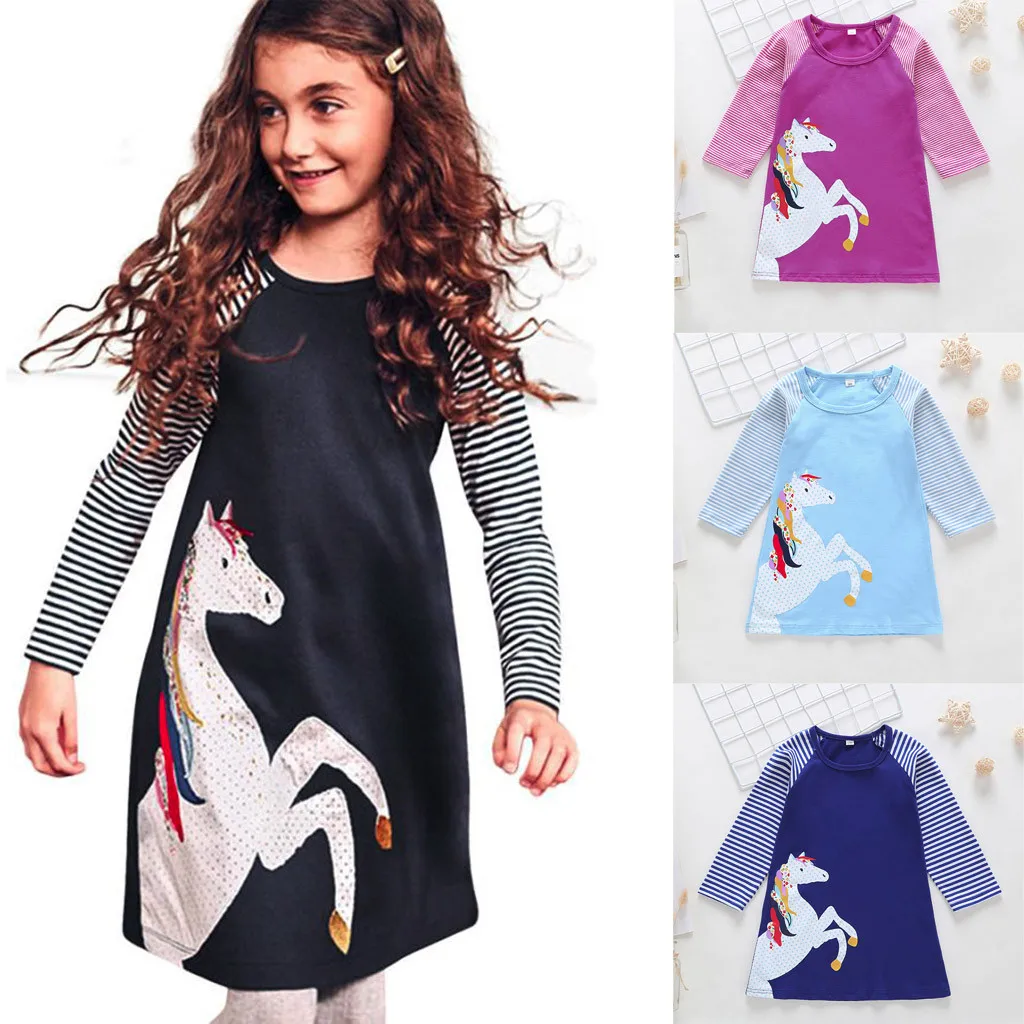 

Toddler Baby Girl Kid Cartoon Clothes Horse Stripe Print Princess Party Dress