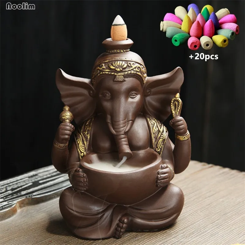 Индийский Бог Ganesha керамический слон курильница для благовоний лампа для ароматерапии держатель Украшения Дома Офиса+ 20 шт пирамидки благовоний