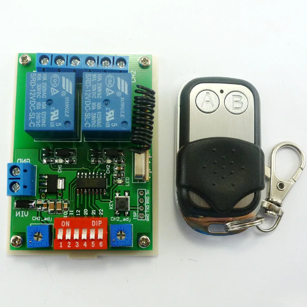 

DC 12V 433.92M DC 12V 2Ch Multifunction Wireless Timer Delay Relay RF Switch & EV1527 ASK OOK Remote control
