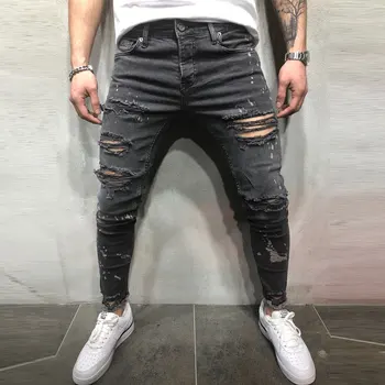

2019 Fashion Mens Hole Skinny Pants Fashion Stretch Ripped Jeans For Male Stripe Denim Pants Plus size Trouses High Quality