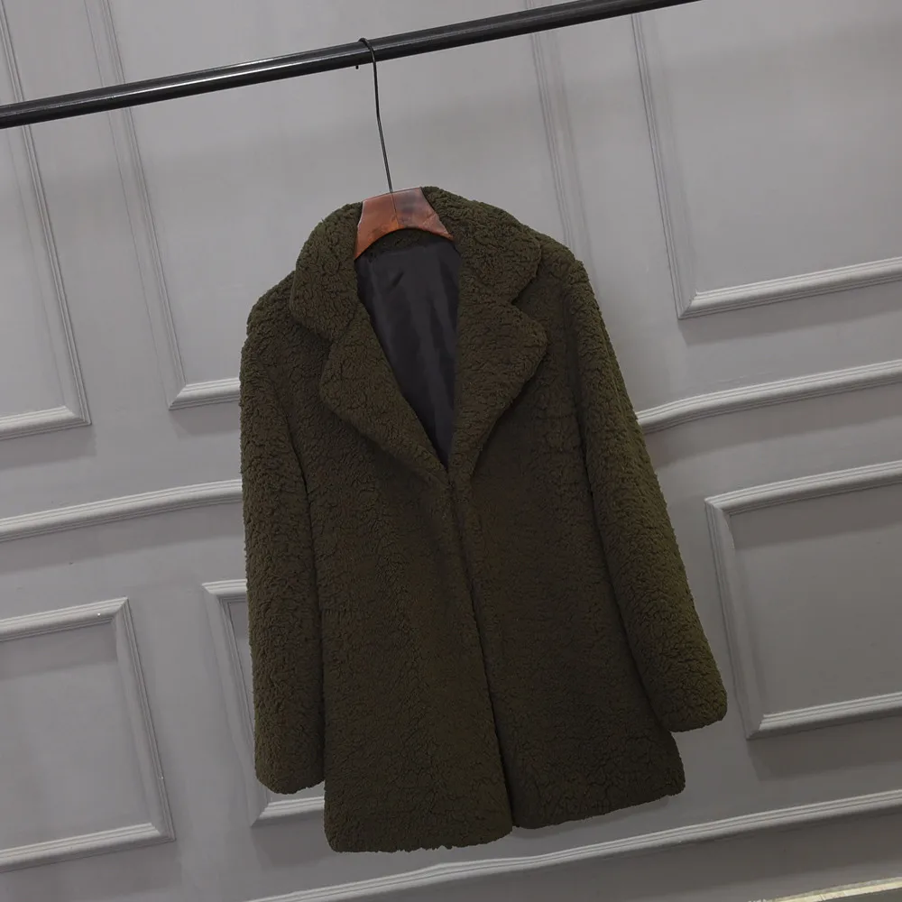 Пальто из искусственного меха, женская теплая верхняя одежда, плюшевая свободная Меховая куртка с отложным воротником, зимнее пальто, Свободный кардиган, Тренч, однотонная женская куртка