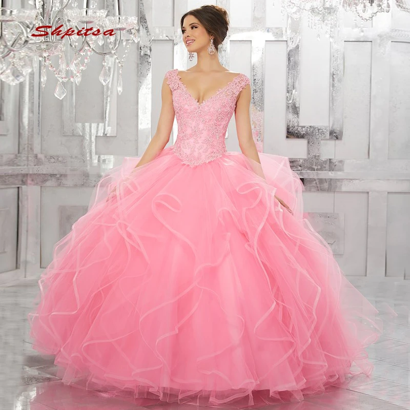 Lace Pink Quinceanera Dresses Ball Gown Plus Size Ruffle Sequin Tulle Prom  Debutante Sixteen 15 Sweet 16 Dress - Quinceanera Dresses - AliExpress