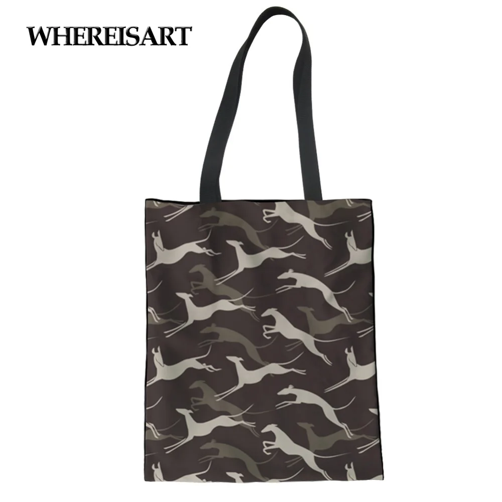 

WHEREISART Women Kawaii Greyhound Patterned Large Tote Bag Shoulder Shopping Handbag Canvas Messenger Bags Cotton Elegant Girl