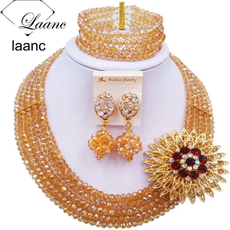 

Laanc Handmade Gold AB Crystal Beaded Necklace Nigerian Wedding African Beads Jewelry Set for Women 5DS030