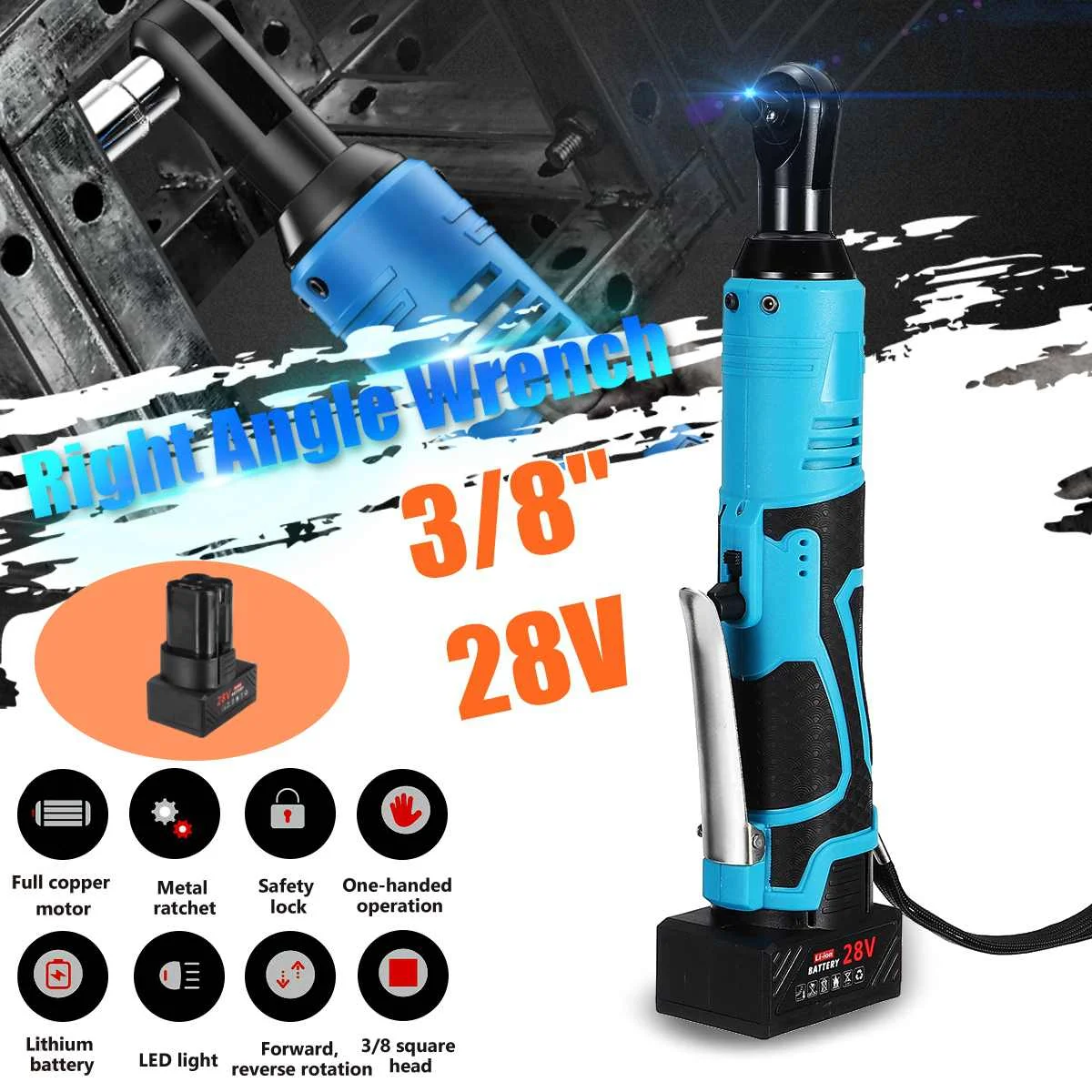 

28V 3/8 60N.m Lithium battery Rechargeable Electric Wrench Portable ratchet wrench 90 degree Power Tool wrench Quick Charger
