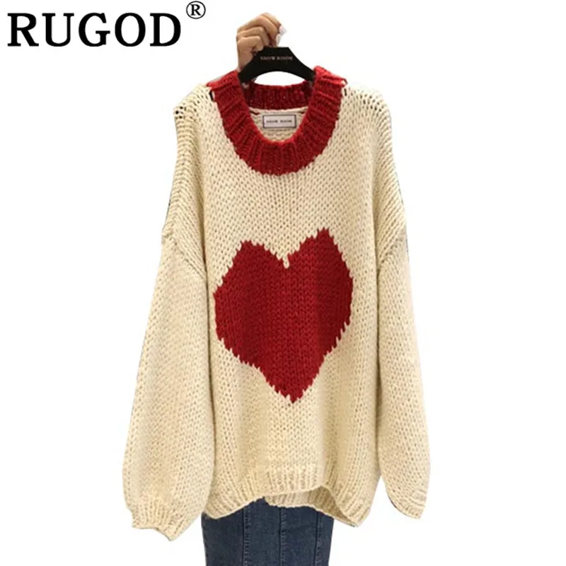 

RUGOD Sweet Red Heart Print Knitted Sweater Women Fashion O Neck Long Sleeve Loose Sweater Female Winter Clothing Sueter Mujer