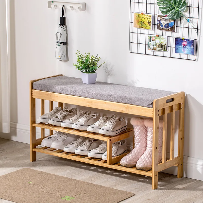 bamboo shoes bench Entrance wear shoes stool with cushion small shoes cabinet simple modern solid wood multi-layer shoe rack bamboo shoes bench Entrance wear shoes stool with cushion small shoes cabinet simple modern solid wood multi-layer shoe rack