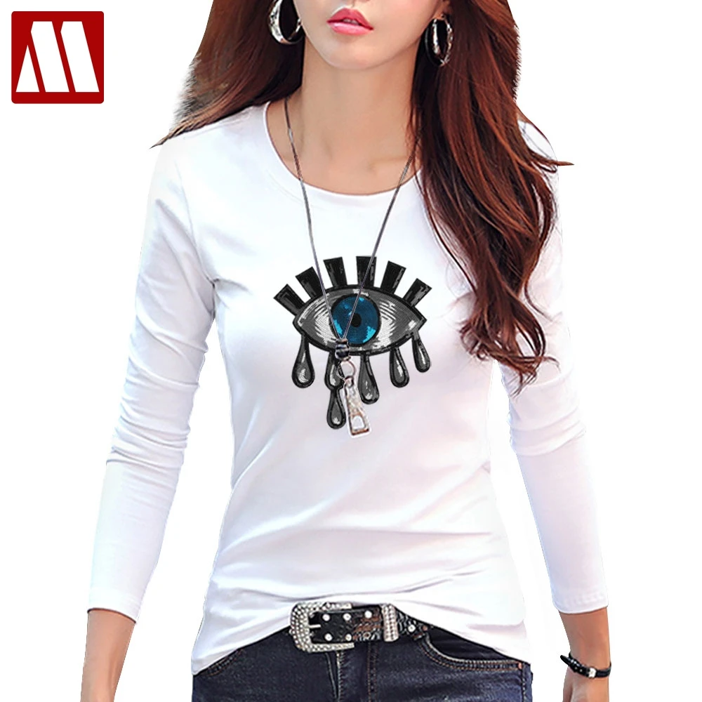 

2019 Sexy Sequins Autumn Fashion Casual Loose Big Eyes paillettes T Shirt Bar Long Sleeve Design Women Hip Hop Cotton Tees S-4XL