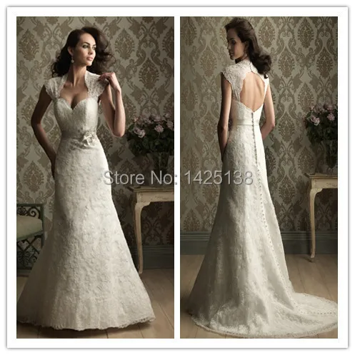 New Arrival Mermaid Sweetheart All over Lace Cap Sleeves Flowers Sashes Floor Length Wedding Dress Covered With Buttons|cover business|dress up