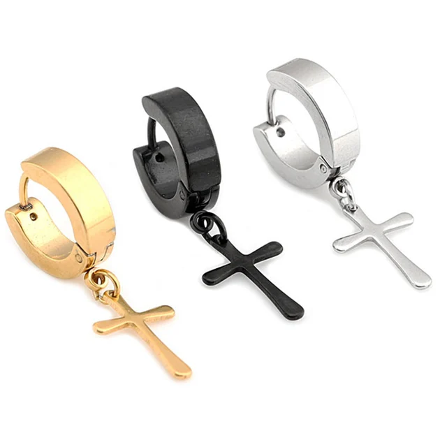 Trendy Helix Cartilage Cross Hoop Earrings Gold Silver Black Trendy Helix Cartilage Cross Hoop Earrings Gold Silver Black Anium Stainless Steel For Men Punk