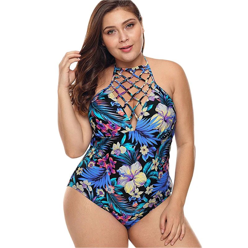 

Plus Size 3XL Floral Printed Cut Out Mesh Halter Monokini One Piece Hollow Out Sexy Swimwear Big Size Swimsuit Swim Beachwear