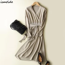 2018 New Cashmere Spring Dress V Neck Long-sleeved Split Loose Sweater Dress Women Wool Cashmere Belt ALine Long Knitted Dresses