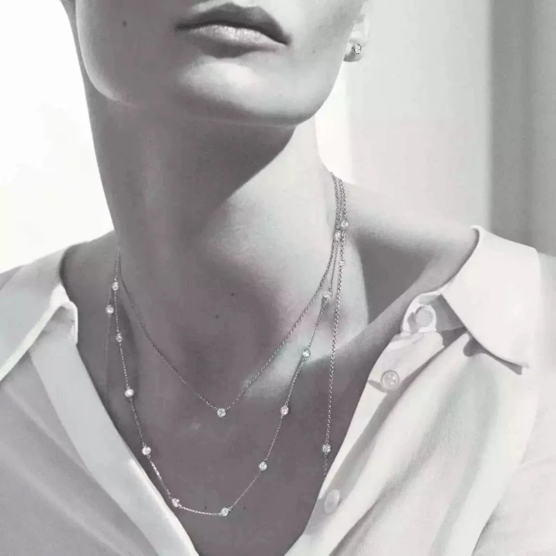 YP252 Long Zircon 925 sterling Silver Chain Neckalce ...