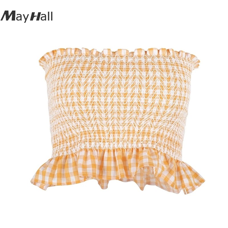 

MayHall Cotton Orange Plaid Ruffles Female Tube Tops Elastic Backless Summer Cropped Skinny Tank Tops ropa mujer verano MH290