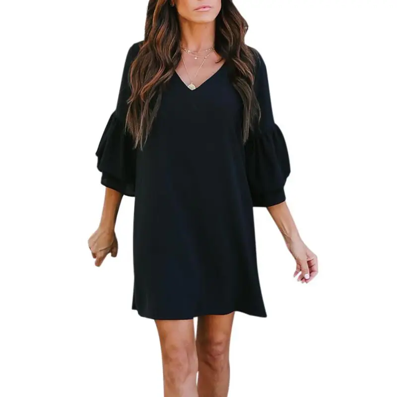 

EFINNY Causal Three Quarter Sleeve V-Neck Long Tops Lady Women Solid Color Sexy Party Mini Dress