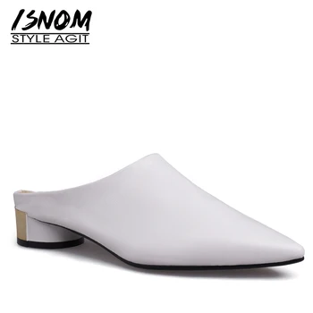 

ISNOM Genuine Leather Slippers Woman Pointed Toe Footwear Thick Med Heels Slides Shoes Female Mules Shoes Women Summer 2019