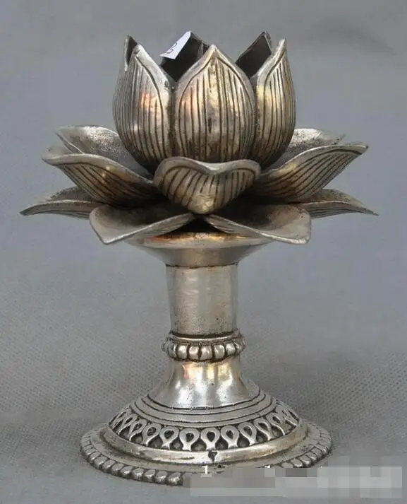 old chinese fengshui silver lotus flower statue lucky Candlestick