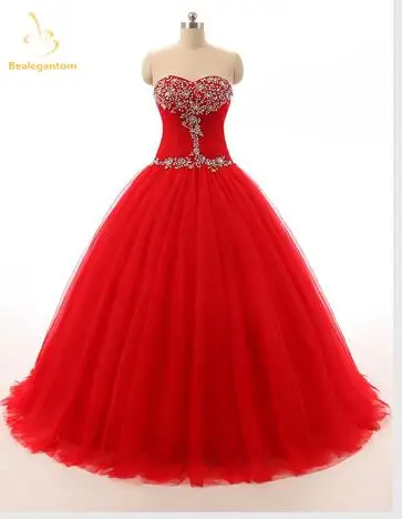 Bealegantom красное платье Quinceanera бальное платье с бисером с украшением в виде кристаллов на шнуровке сладкий 15 16 платья Vestidos De 15 Anos QA1085 - Цвет: Красный