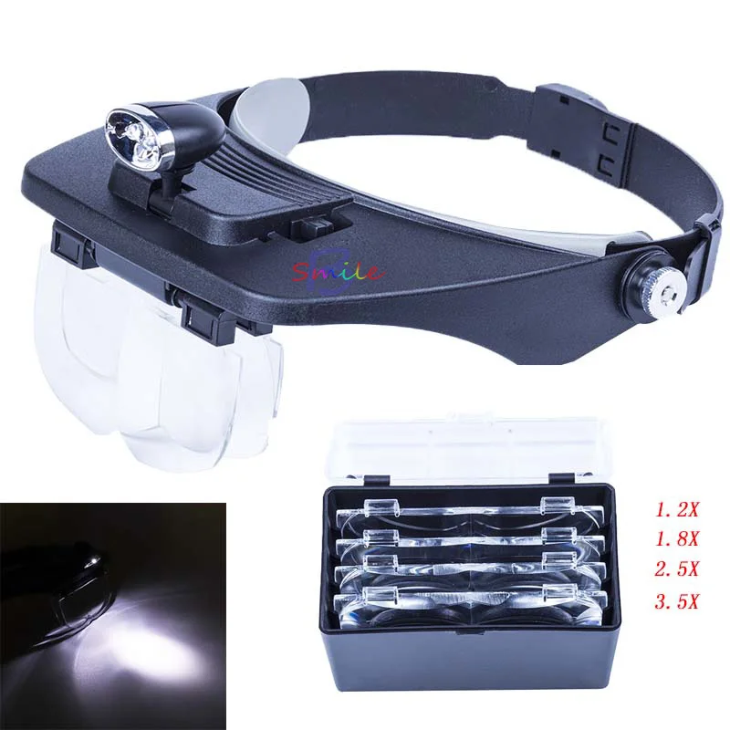 

1 set Third Hand Dentist Magnifying Glass Read Repair Jewelry Loupe Headband LED Lamp Magnifier Eyewear1.2X 1.8X 2.5X 3.5X