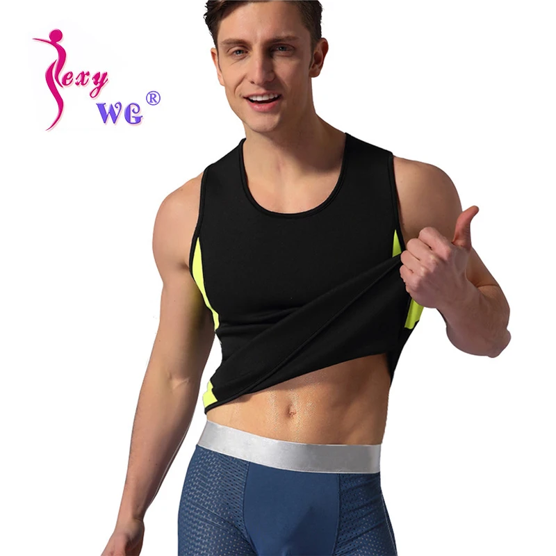 SEXYWG التخسيس الرجال تي شيرت اليوغا T قميص اللياقة البدنية كمال الأجسام المشكل النيوبرين الساخن عرق قميص ساونا تشغيل ضيق تي شيرت بلا أكمام للصا...