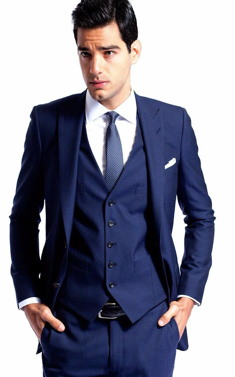 2016 Hot Sale Custom Made Groom Tuxedos Peak Lapel Navy Groomsmen Mens