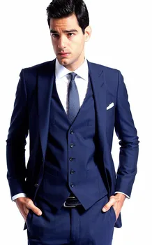 

2016 Hot sale Custom made Groom Tuxedos peak lapel Navy Groomsmen Mens Wedding business Prom Suits( jacket+Pants+vest+tie)