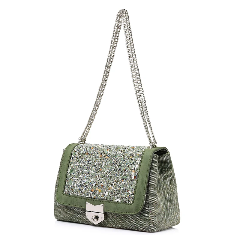 Женская квадратная сумка через плечо Lovevook, маленькая сумочка с блестками и замоком,зелёная наплечная сумка из хоста и полиуретана с регулируемым цепным наплечным ремнем - Цвет: Green