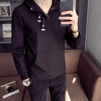 

AreMoMuWha Spring and Autumn New Men's Hooded 2019 Personality Solid Color Set Handsome Black Jacket Japanese Loose Hoodie QX900