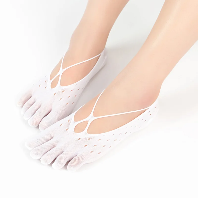 Светильник, мягкие женские летние бархатные носки с пальцем, пятки, силиконовые нескользящие Ультра-тонкие сексуальные носки для йоги - Цвет: Cross hole white