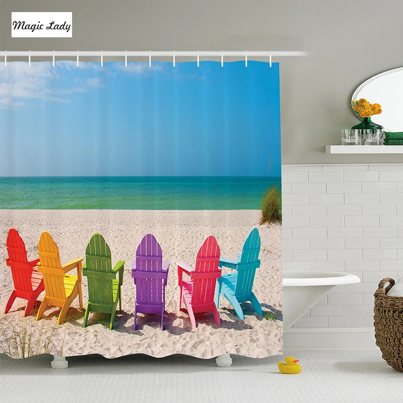 Shower Curtain Sea Colorful Sunbeds on Beach Picture Seaside Coastal
