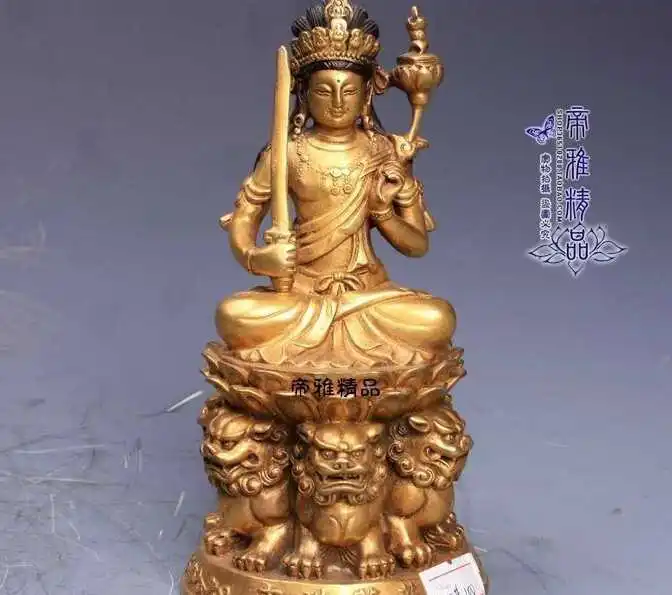 

Tibet Copper 24K Gold Gild Foo Dog Lion Manjusri Hold Sword Bodhisattva Statue