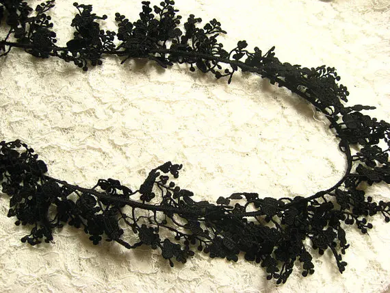 

black lace trim, cascading , antique , floral branch , jewelry lace, vintage necklace lace 1yard