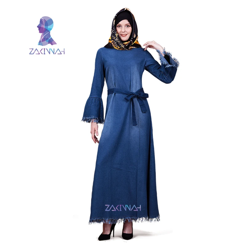 

ZK014 Fashion Denim Kaftan Abaya Turkish Islam Muslim Dress Abayas For Women Dubai Islamic Clothing