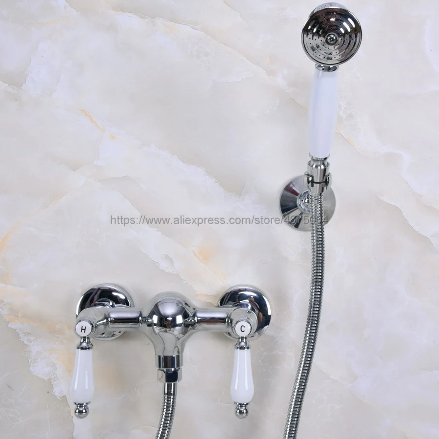 Description Picture 2 of itemWall Mounted Chrome Shower Set Faucet+Bath Tub Mixer Tap+Double Handles Hand Held Shower Head Shower Faucet Sets Nna282