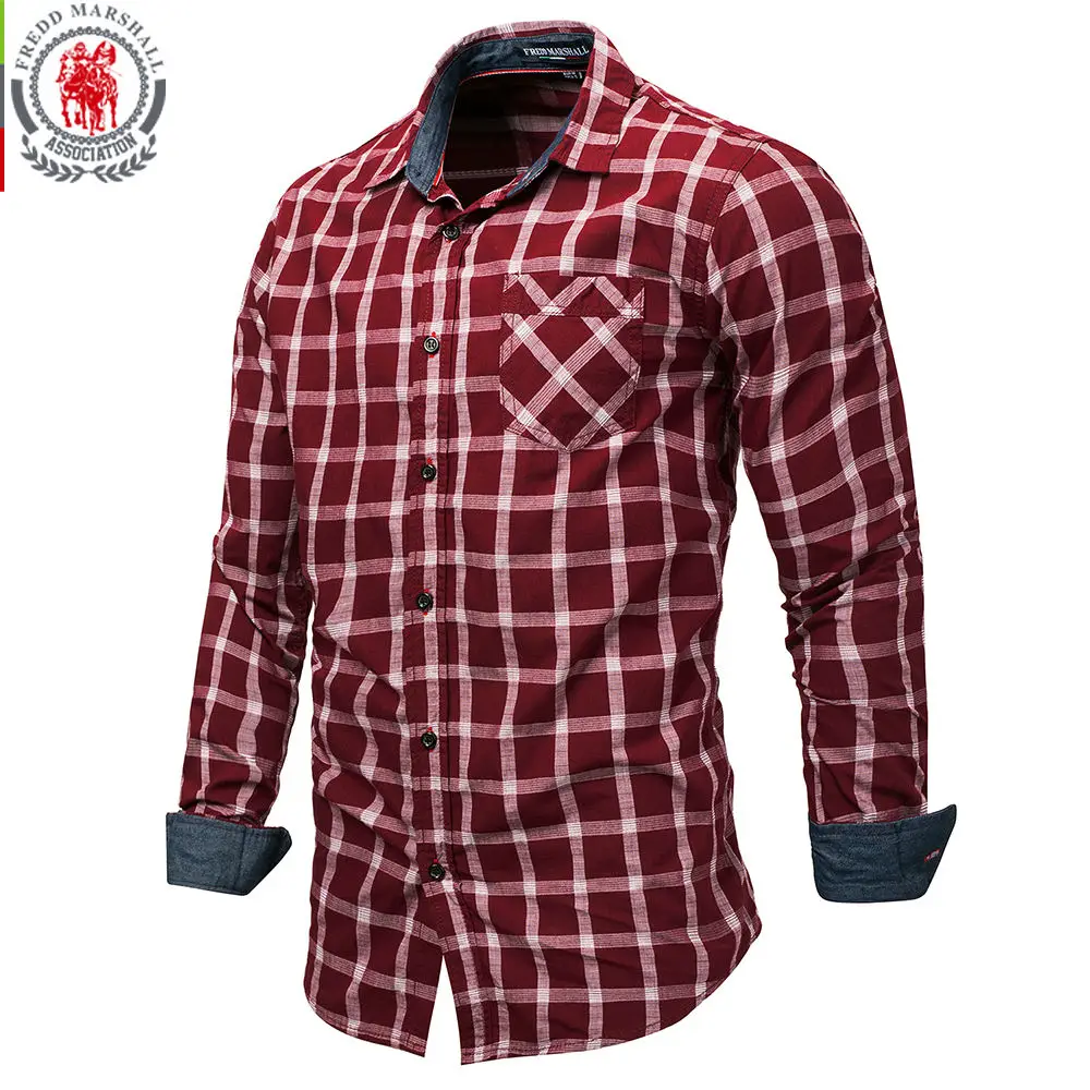 Fredd Marshall, новая мода, мужская клетчатая рубашка с длинным рукавом, рубашка в клетку, повседневные мужские деловые рубашки, хлопок, 151 - Цвет: 151 Dark Red