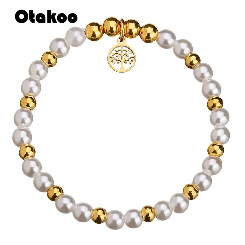 

Otakoo Trendy Pearls Strand Stainless Steel Beaded Bracelet Women Gold Stainless Steel Tree Of Life Bracelets Jewelry
