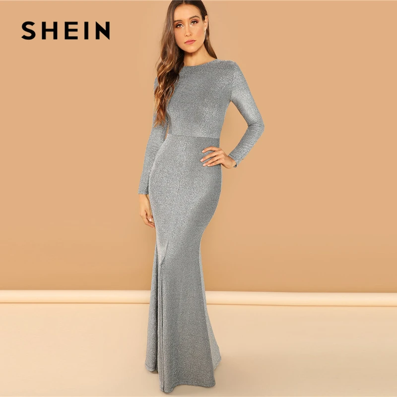 

SHEIN Silver Solid Split Mermaid Hem Maxi Dress Plain Long Sleeve Stretchy Party Dresses Women Autumn Sheath Going Out Dress