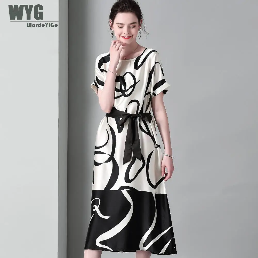 

Ladies 100% Natural Silk Dress 2019 Summer New Original Designer Short Sleeve Elegant Vintage Loose Dresses Vestidos XXL