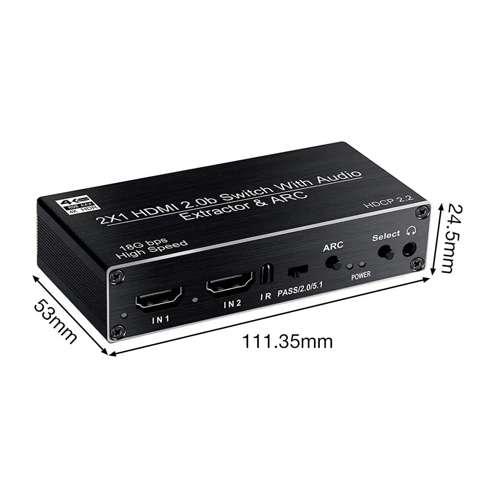New High-quality Durable HDMI2.0 Switcher Two In One Out HDMI Switch 2x1 Audio Separation ARC HDCP2