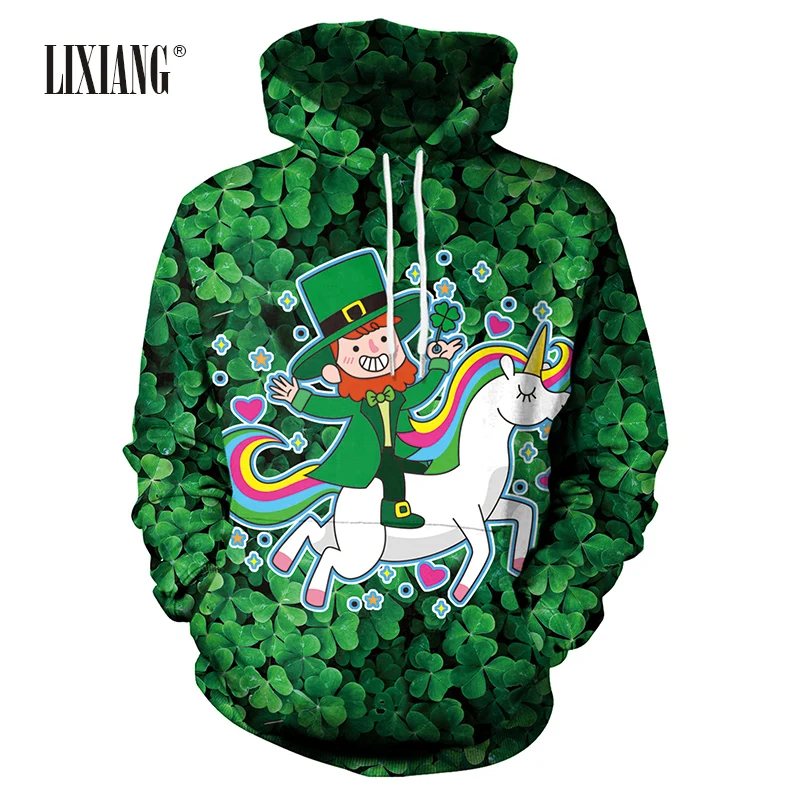 

Lucky Green Clover Hoodies Men Women Sweatshirt St. Patrick's Day 3D Unicorn Printed Rainbow Hoodie Long Sleeve Pullover