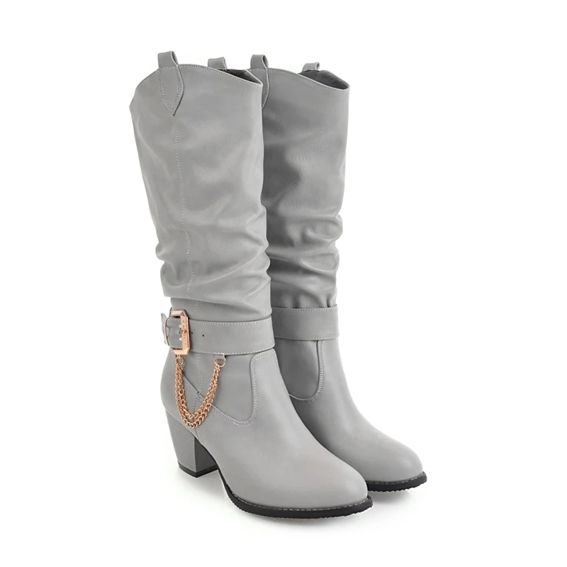 KARINLUNA/ г. Большие размеры 33-47, женская обувь по индивидуальному заказу Модные женские ботинки на высоком каблуке черные ковбойские сапоги зимние сапоги с цепочкой