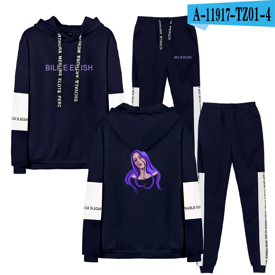 Billie Eilish Женский комплект 2 шт. толстовки в стиле хип-хоп толстовки Harajuku унисекс модный крутой Повседневный Спортивный костюм с капюшоном - Цвет: navy