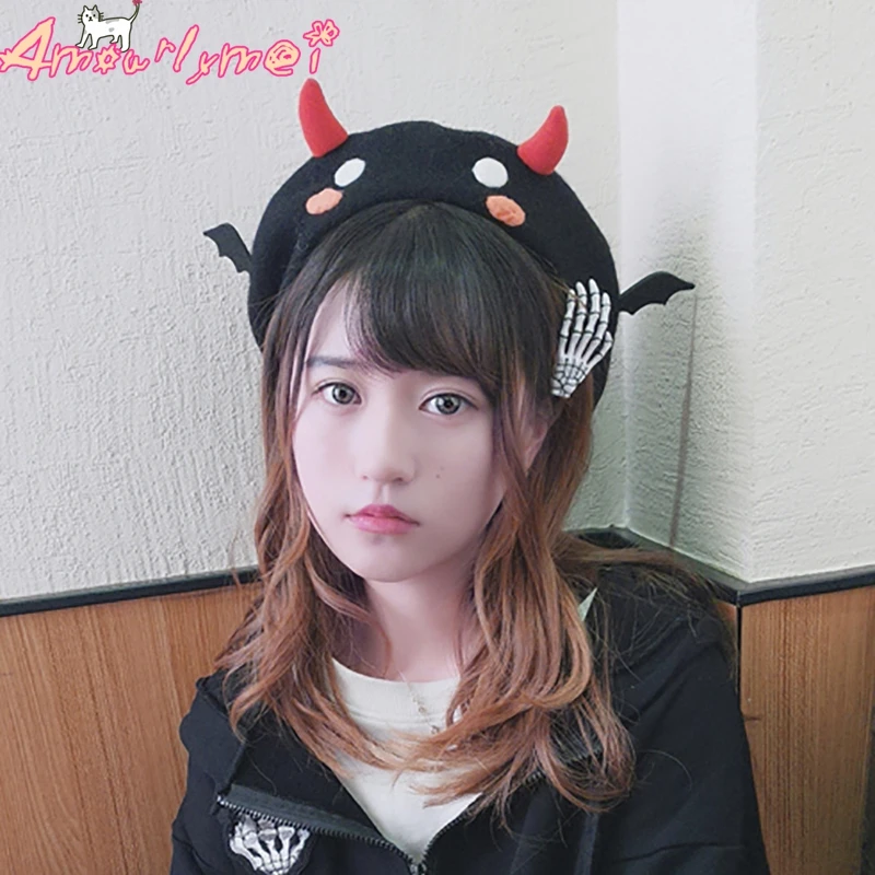 Хэллоуин Kawaii дьявол берет Готический шерсть осень зима для женщин Шапки для милый японский стиль Mori Girl берет для девочек шапки