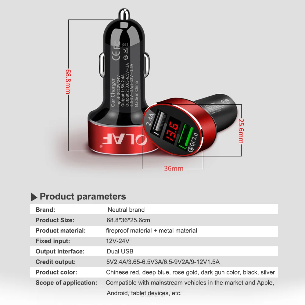 أولاف المزدوج USB شاحن سيارة ل فون X 8 7 زائد الرقمية LED عرض 5 فولت 3.1A سبائك الألومنيوم سريع شحن محول لسامسونج S9