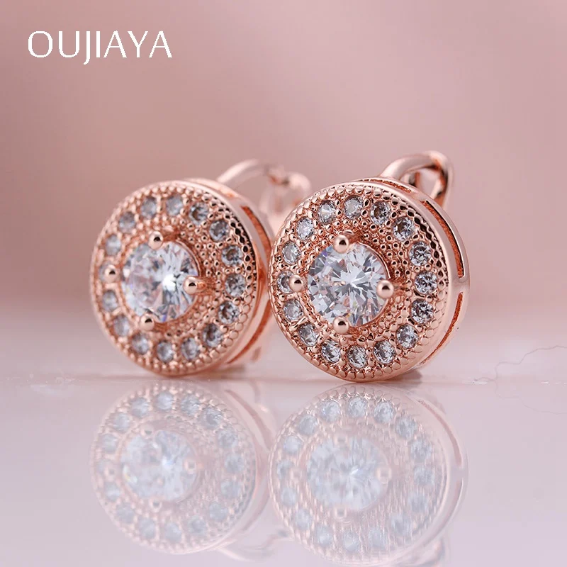 

OUJIAYA hot sale 585 Rose Gold Earrings Round Natural Zircon Hanging Dangle Wedding Earrings Drop Earring Fashion Jewelry A2