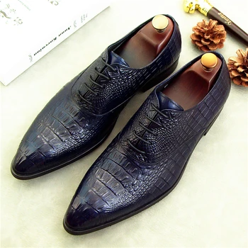 

2018 genuine leather men oxfords shoes single oxfords runway black blue red crocodile party nightclub performance oxfords